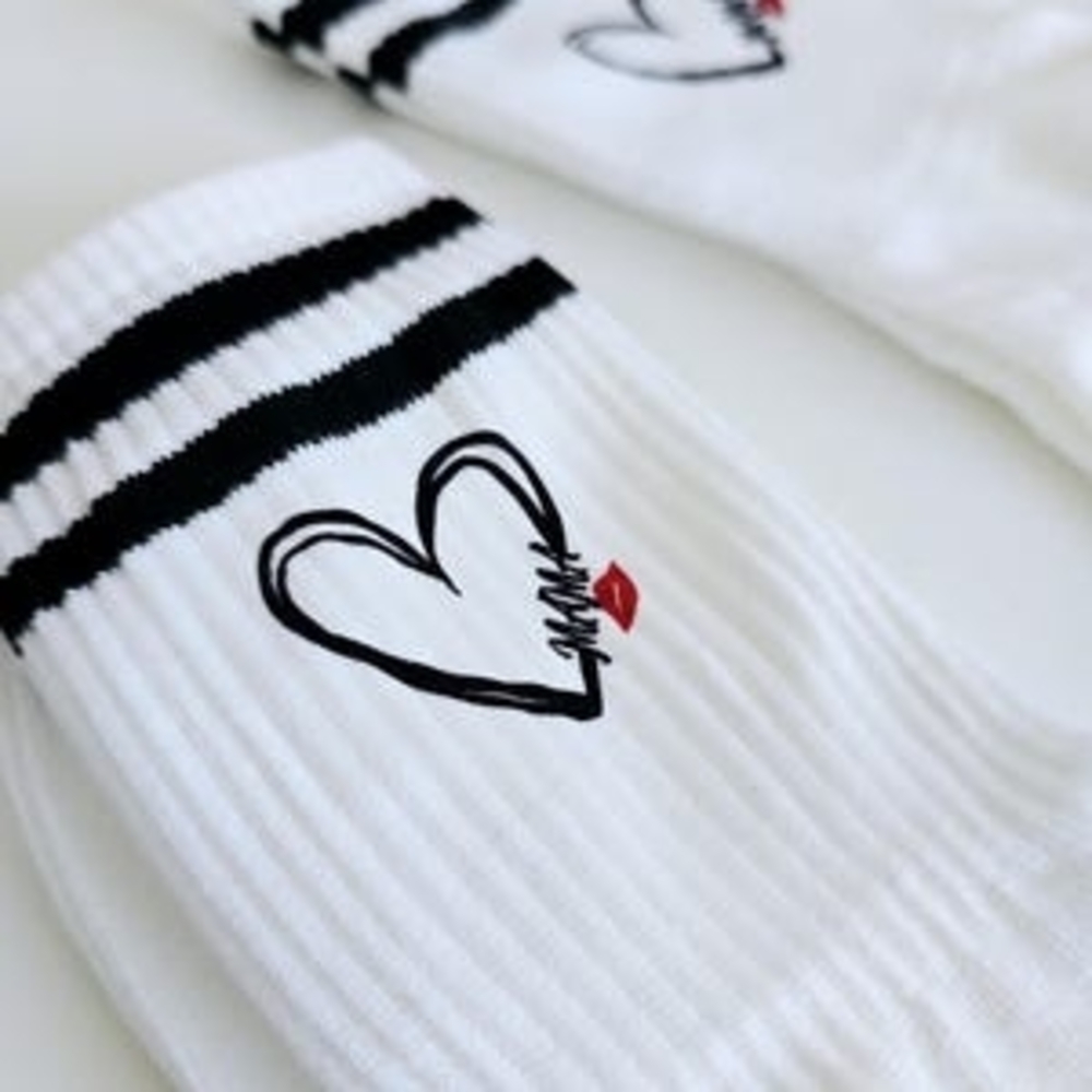 White Socks with Black Stripes and Heart Design Size 8-11 In Women - Picture 2 of 4
